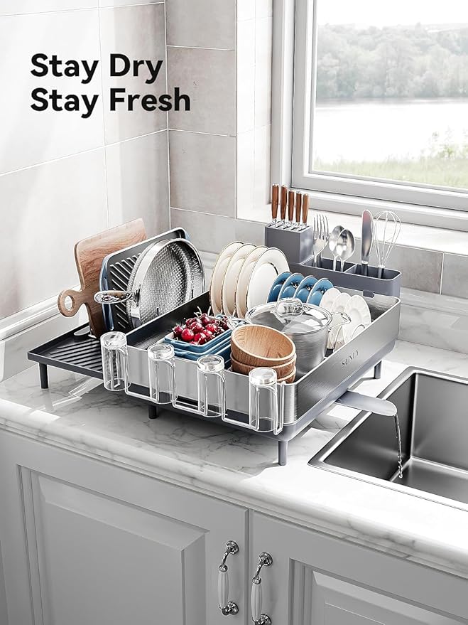 SUNLY Large Dish Drying Rack, Expandable Dish Racks for Kitchen Counter, Space Saving 304 Stainless Steel Drying Rack Kitchen, Extra Large Drainer with Multifunctional Flip Up Pegs, Gray