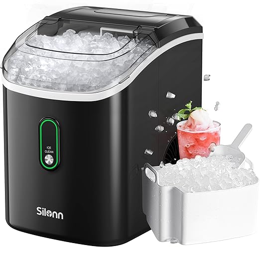 Silonn Nugget Ice Maker Countertop, Portable Pellet Ice Machine with Self-Cleaning Function, Sonic Ice Maker Produces 33lbs of Chewable Ice in 24 Hours, Ideal for Home Kitchen and Office, Black
