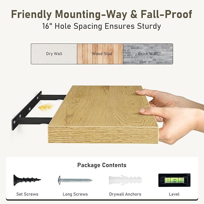 Floating Shelves Wall Shelf 40 Inch, 8 Inch Deep Floating Shelf for Wall, Farmhouse Black Wood Shelves Invisible Bracket for Living Room, Bedroom, Kitchen, 40 x 8 x 1.4 Inch, Set of 2, Oak Color