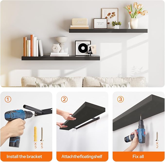 HOOBRO Floating Shelves for Wall, Wall Mounted Shelf Set of 2, 39.4" Hanging Shelf with Invisible Brackets, for Wall in Bathroom, Bedroom, Toilet, Kitchen, Livingroom, Office, Black BK100BJP201