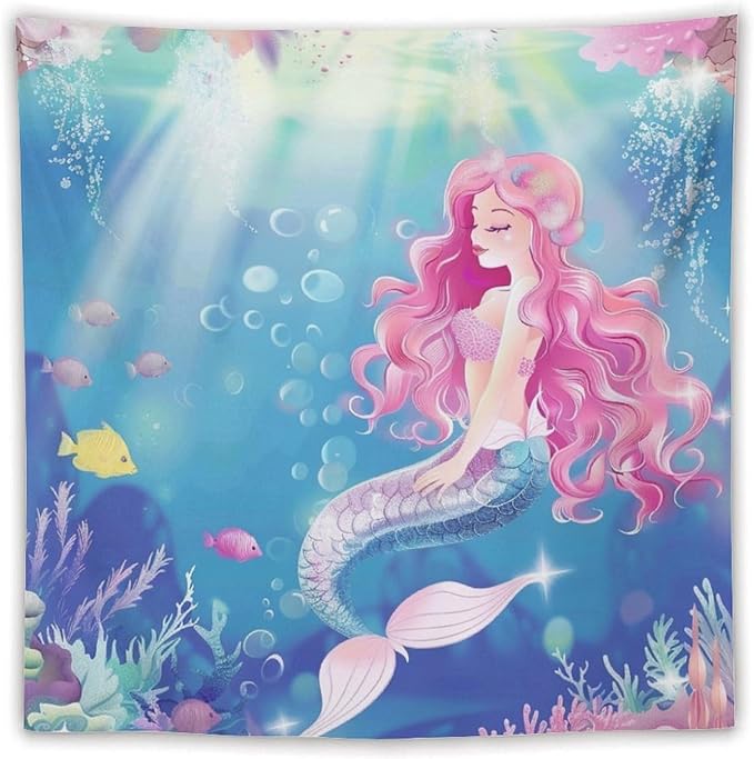 HZOHNAGO Mermaid Girls Tapestry Watercolor Mermaid Princess Pink Hair Pattern for Kids Room Decoration Printed Wall Tapestry Wall Hanging for Bedroom Living Room Dorm 60" W x 60" H