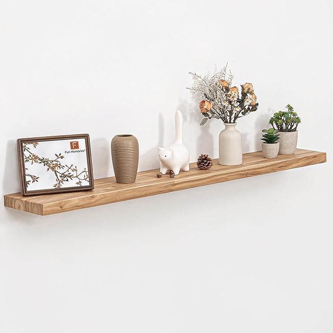 Fun Memories Wood Floating Shelves for Wall, 48 Inch Floating Shelves Wall Mounted, Rustic Elm Wood Shelf for Home Decor, Heavy-Duty Storage Shelves for Living Room, Bathroom, Kitchen, Natural Finish