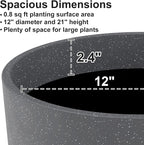 Tall Flower Pot Indoor - Outdoor Plant Pot - Black Glossy Planter - Elegant Stone Imitation - 12" Diameter 21" Tall with Drainage Holes and Saucer