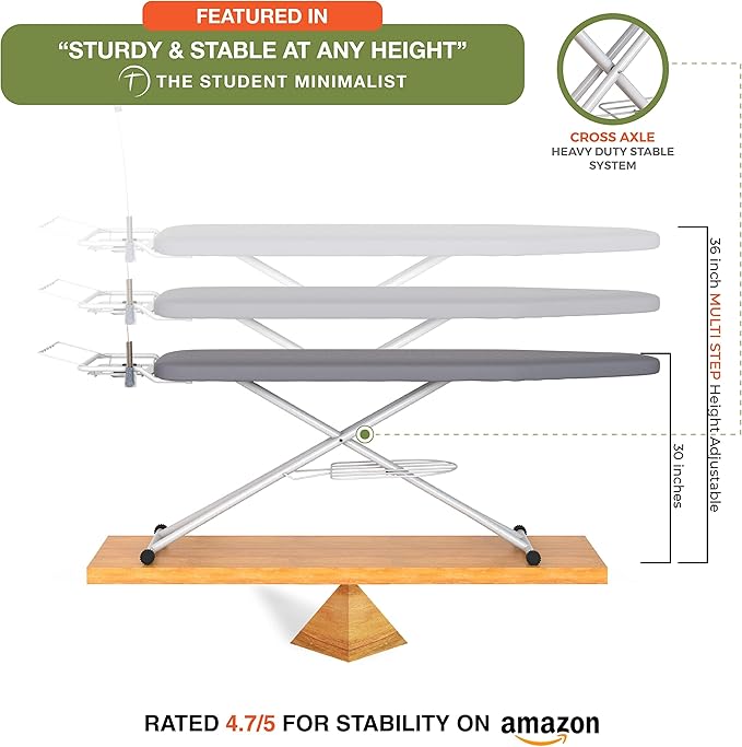Xabitat Full Size Ironing Board 57" X 15" with Wall Mount Hanger, Full Metal Construction Iron Board, Built in Iron Caddy, Heat & Scorch Resistant Fabric, Cord Holder, Anti-Skid Feet, Heavy Duty