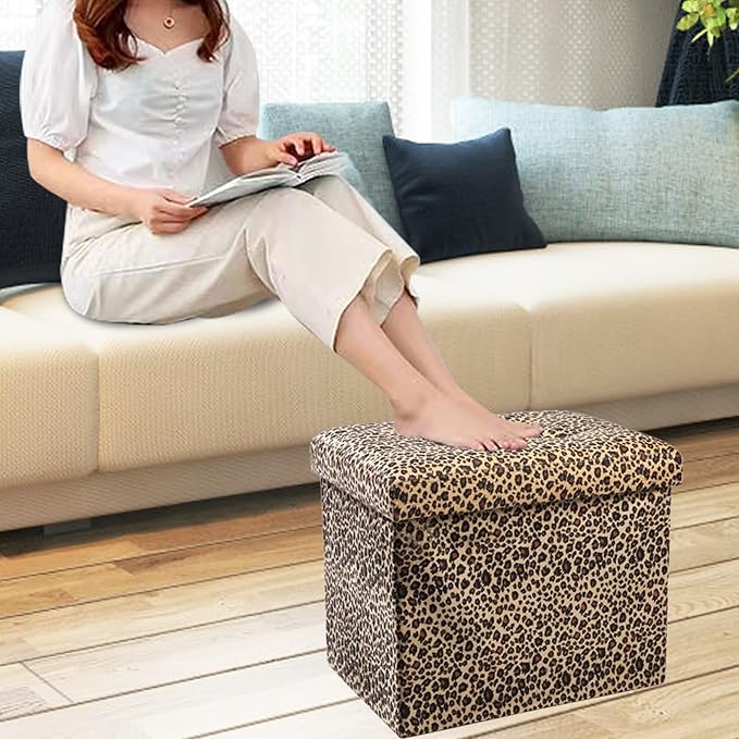 ALASDO Ottoman Storage Ottoman Footrest Stool Small Ottoman with Storage Foldable Ottoman Foot Rest Footstool Bench for Living Room 17x13x13inches Leopard Print