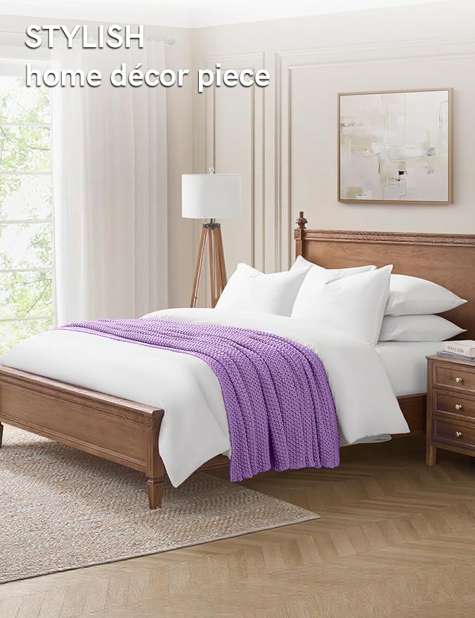 YnM Chunky Cotton Knit Throw Blanket, Cable Knit Throws for Bed Couch Sofa, Comfy & Relaxing, Decorative Piece for Farmhouse Modern Boho Rustic Scandinavian Chic Vibe, Lilac Purple 60x80 Inches