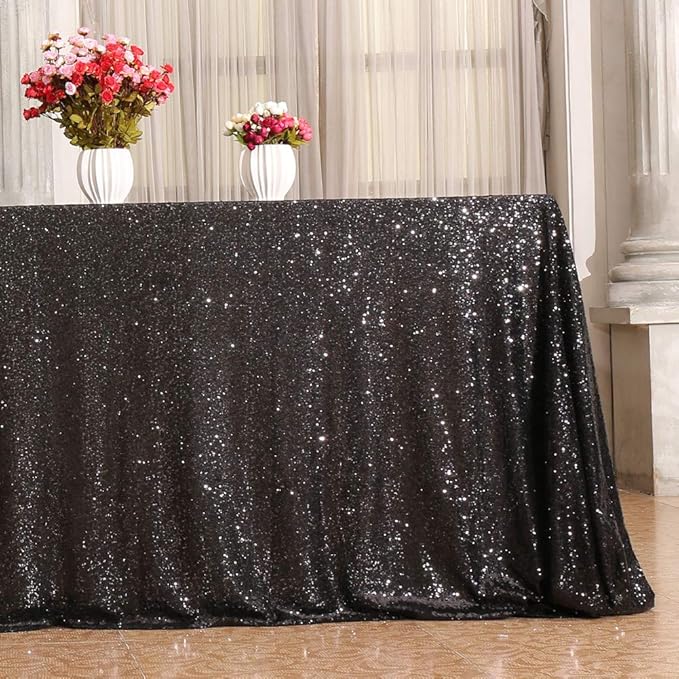 SquarePie Sequin Tablecloth 90 x 156 Inch Black Sparkly Table Linen for Wedding Halloween Party