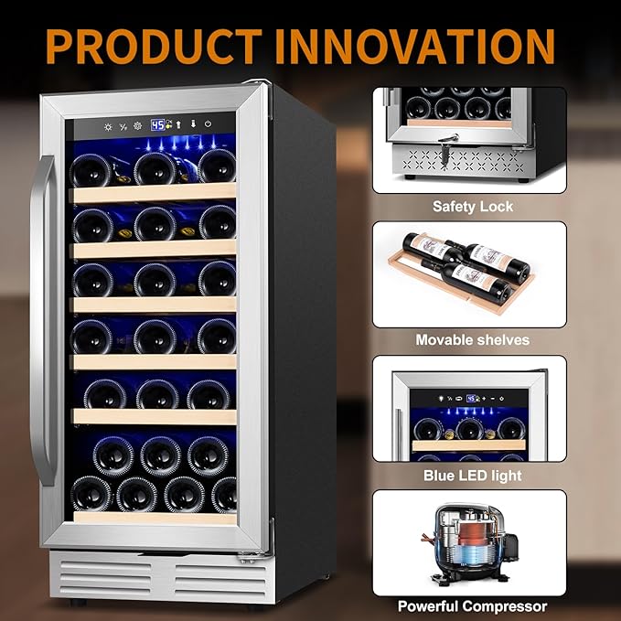 15 Inch Wine Fridge 32 Bottles Wine Cooler Refrigerator Undercounter Wine Fridge with Glass Door, LED Light, Removable Wooden Shelves, Built-in or Freestanding Wine Refrigerator for Home Office Bar