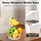Livabber Countertop Fruit Basket Bowl with Banana Hanger, Modern Standing Fruit Vegetable Bowl Storage, with Banana Tree Holder for Kitchen Dinning Table (Round Marble, Gold)