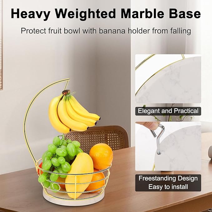 Livabber Countertop Fruit Basket Bowl with Banana Hanger, Modern Standing Fruit Vegetable Bowl Storage, with Banana Tree Holder for Kitchen Dinning Table (Round Marble, Gold)