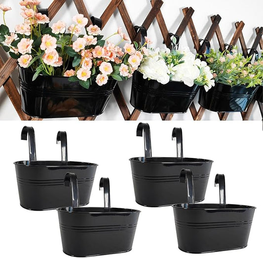 4 Pack Metal Hanging Planter for Outdoor Plants, 10 Inch Black Fence Planters Railing Pots for Garden Patio Balcony Decor, Flower Bucket with Detachable Hooks (Black, 4Pcs)
