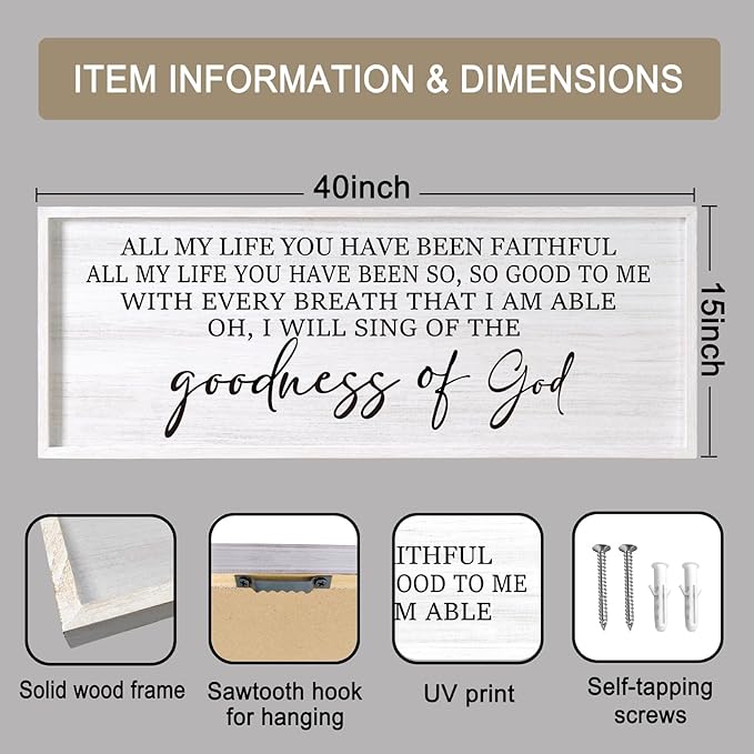 Goodness of God Framed Wall Art, 40''×15'' Positive Religious White Bible Verse for Christian God Jesus Christ Prayer, Vintage Rustic Long Holy Catholic Scripture Decor