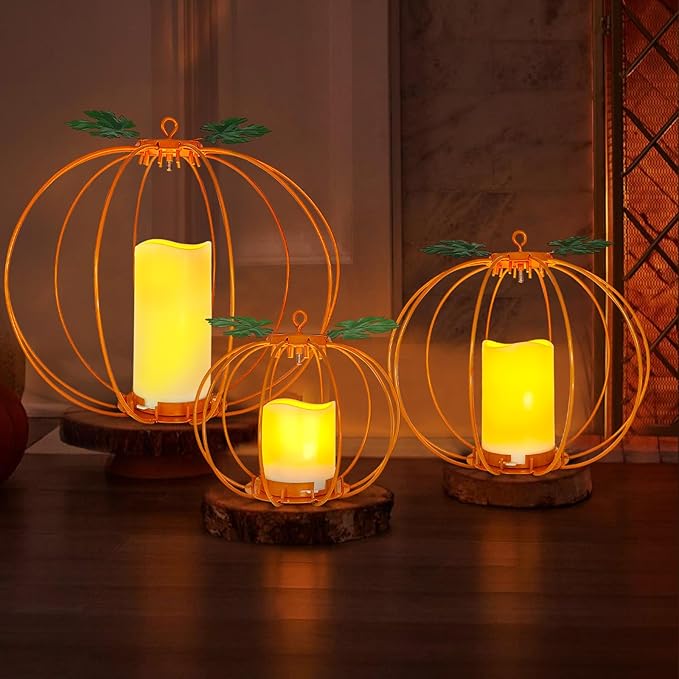 Halloween Metal Pumpkin Candle Holder, 3 Pcs Light up Orange Pumpkin Lantern with LED Flickering Yellow Candle Lights Build in Timer for Thanksgiving Halloween Harvest Fall Home Decor