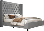 PaPaJet King Size Bed Frame with 61.4" Tall Headboard, Velvet Upholstered Platform and Handmade Deep Button Tufting, No Box Spring Required, Grey