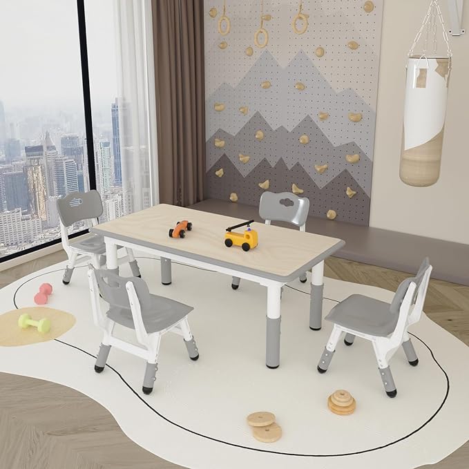 Kids Study Table and 4 Chairs Set,Height Adjustable Table and Chairs for Children and Toddlers,47.2"X23.6"Graffiti Desktop,Suitable for Daycare,Classrooms, Home