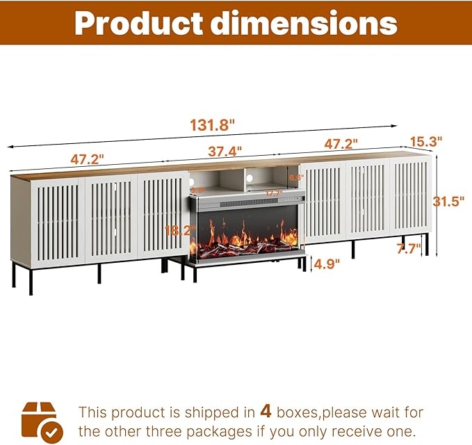 3-Sided Glass Farmhouse Fireplace TV Stand for TVs Up to 110 Inch, Entertainment Center with 36" Electric Fireplace, Antique White TV Console with Storage Cabinets for Living Room
