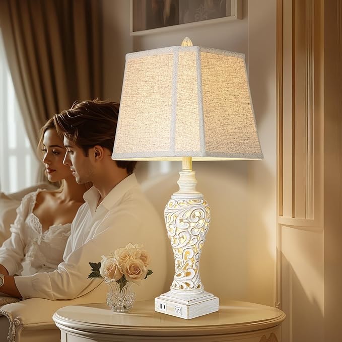 Vintage Table Lamps Set of 2, 28.5'' High Bedside Lamps with Fabric Shade, Farmhouse Nightstand Lamps with USB A+C Ports and Nightlight - Perfect for Living Room Bedroom Office Study (Bulb Included)