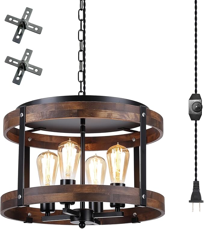 4-Light Large Rustic Farmhouse Plug in Pendant Light Fixture with Adjustable Chain, Dimmable Switch, 16.5 inch Oak Wood Drum Hanging Lamp for Dining Room Living Room Farmhouse Entry, Black