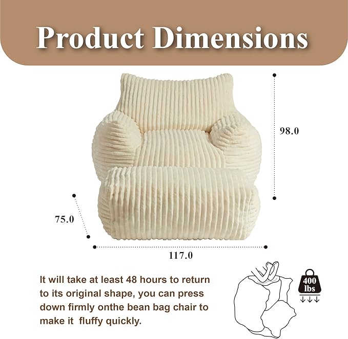 Premium Beige Bean Bag Chair for Adults with Armrest- Ultra Plush Memory Foam Lounge Sofa & Comfy Reading Nook Chair for Bedroom, Living Room & Dorm (White, Without Pedals)