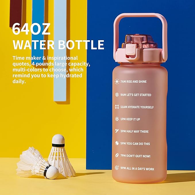 64oz,100oz,128oz Large Motivational Water Bottle with Time Marker, Leakproof & BPA Free Half Gallon Big Water Bottle with Straw Handle Tritan Frosted Water Jug for Gym,Fitness,Outdoor Sports