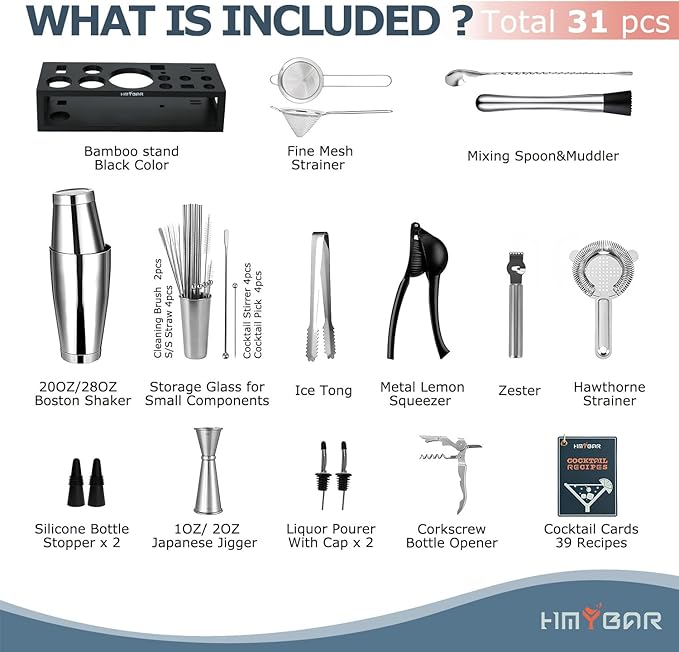 HMYBAR® Mixology Bartender kit | Cocktail Shaker Set | Boston Shaker Set, 20/28 OZ | Martini Making Set for Home Bar. Total 31 pcs incl 39-Recipe Cocktail Cards. Silver Tools. Bamb Stand Black Color
