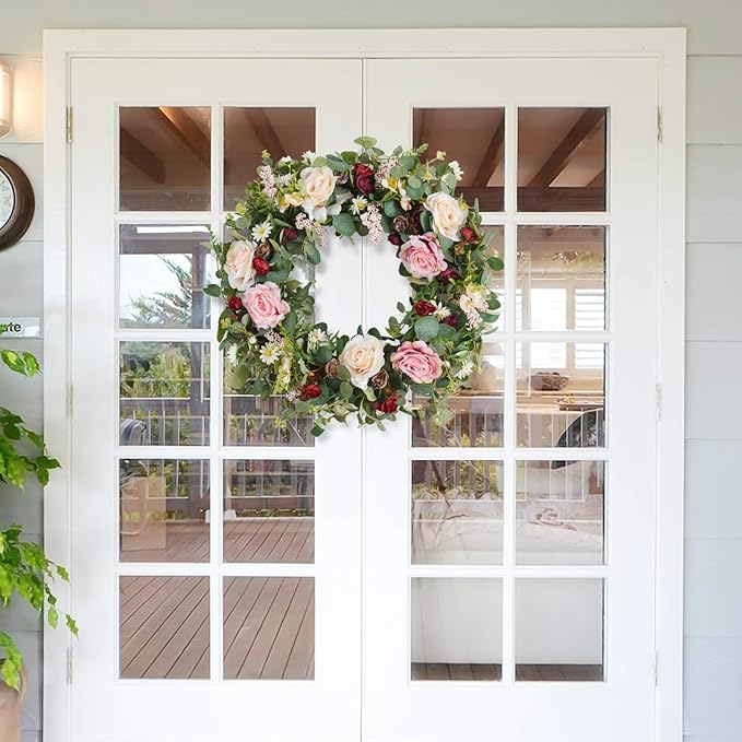 WANNA-CUL 24 Inch Large Spring Rose Wreaths for Front Door,Spring Front Door Wreath with Pink and Wine Red Floral Door Wreath with Eucalyptus Leaves for Wedding or Indoor&Outdoor Decorations