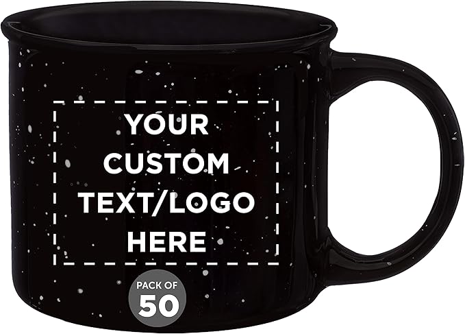 DISCOUNT PROMOS Custom Ceramic Campfire Coffee Mugs 13 oz. Set of 50, Personalized Bulk Pack - Perfect for Tea, Espresso, Cappuccino, Hot Cocoa - Black