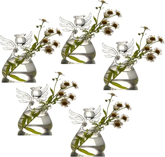 Angel Design Glass Vases Clear Flower Plant Terrarium Container Hanging Vase Wedding Decor Garden Ornaments Hanging Planter (Pack of 5)