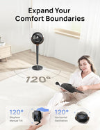 Dreo Fan for Bedroom, 120° Oscillating Standing Fans, Quiet Floor Fan with DC Motor, 100ft Pedestal Fans for Room, 9 Speeds, 4 modes, 20dB, 120° Manual Vertical, 37-42" Adjustable Height, 9H Timer