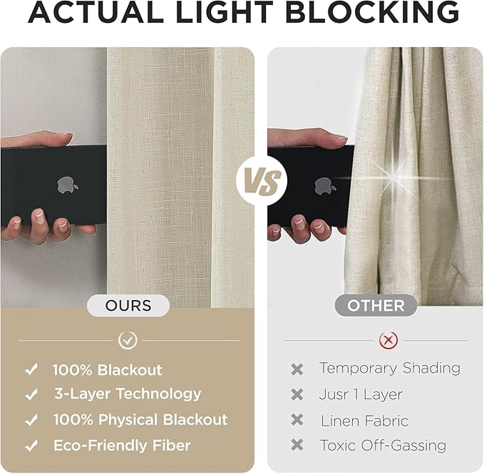 Joydeco Pinch Pleated Linen Curtains for Living Room, 100% Blackout Curtains 84 inches Long 2 Panel Thermal Insulated Pinch Pleat Drapes(Bleached Sand,40'' Wx84'' L)