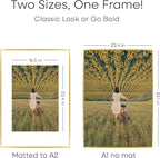Homeforia A1 Poster Frame Gold, High End Metal 23.4 x 33.1 inches Large Picture Frames with Mat 16.5 x 23.4 for Photo, A1 Size Frames Matted to A2 Print, 23.4x33.1 Thin Frame, Tempered Glass, Set of 1