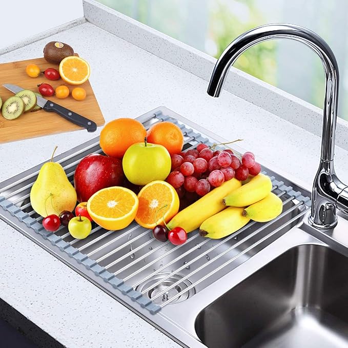 Searik Stainless Steel Over The Sink Dish Drying Rack, Roll Up Foldable Kitchen Sink Drainer Rack (17.7"x 11.8")