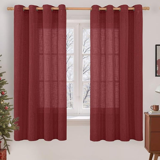 LAMIT Sheer Linen Curtains 63 Inch Length for Bedroom, Light Filtering Christmas Decor Panels Bronze Grommet Linen Textured Drapes for Living Room/Farmhouse, 2 Panels Set, 52 x 63 Inch, Burgundy Red