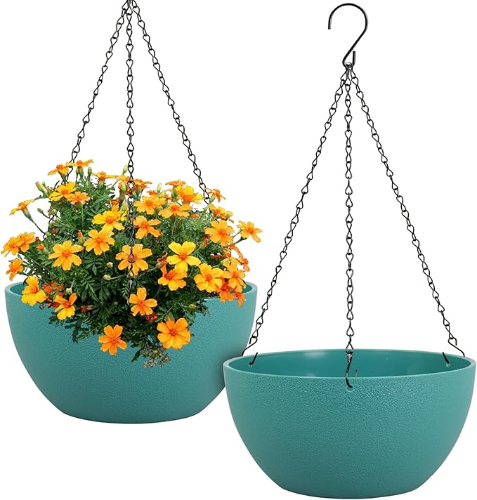 12 inch Large Hanging Planters for Indoor Outdoor Plants, 2 Pack Hanging Flower Plant Pots with Drainage Holes and Chain for Garden Porch, Plastic Hanging Baskets for House Plants, Blue Green