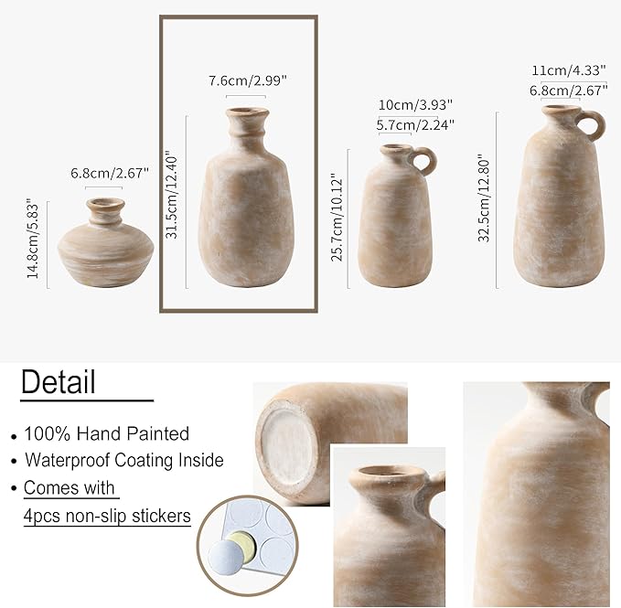 Ceramic Rustic Flower Vase, 12.4" Large Farmhouse Vases Home Decor Pottery Neutral Decorative Vase Pampas for Table Entryway Bookshelf Living Room Kitchen Bedroom