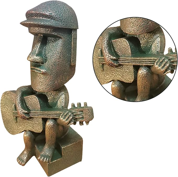 Moai Statue Decor - 6 Inch Easter Island Oranment Resin Stone Decoration for Room Accessories Antique Sculpture for Office Desktop (Play The Guitar)