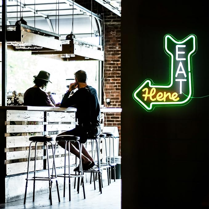 Eat Here Neon Sign Kitchen Neon Signs for Wall Decor with Arrow Guidance Green Orange White Eat Dimmable LED Sign Diner Neon Signs for Wall Bar Restaurant Kitchen Man Cave Decor