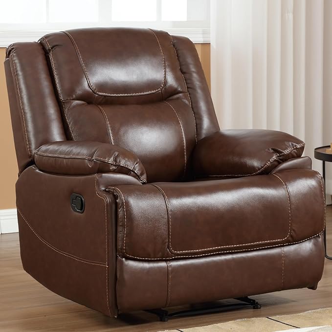 EBELLO Genuine Leather Manual Recliner Chair, Reclining Sofa Chair Couch for Living Room, Bedroom Furniture, Meeting Room, Brown