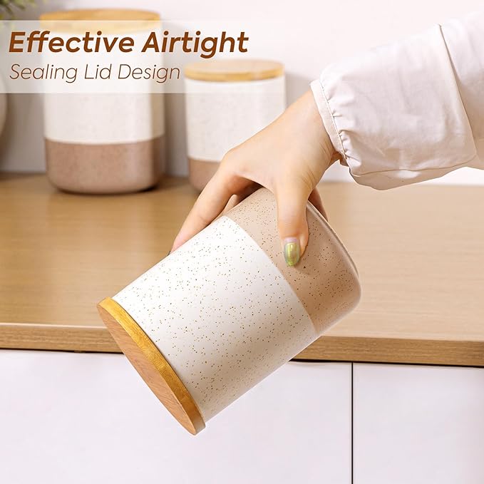 Yangbaga Canister Sets for Kitchen Counter, 80/40/20 OZ Large Ceramic Food Storage Jars with Airtight Wood Lids, Large Kitchen Canisters for Coffee, Sugar, Tea, Flour, Spice