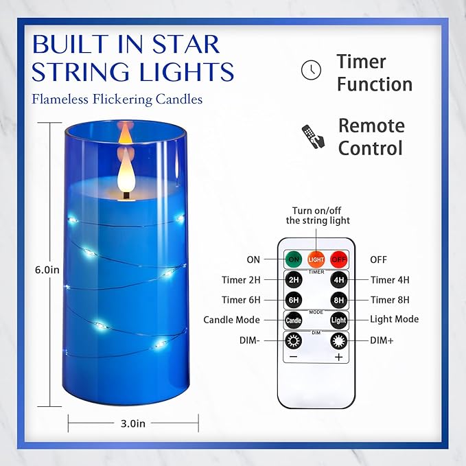 NURADA 3"x6"Flickering Flameless Candles: Built-in Star String 3D Wick Battery Operated LED Candles with Remote and Timer for Wedding Valentine's Day Decor, Blue 2 Pack