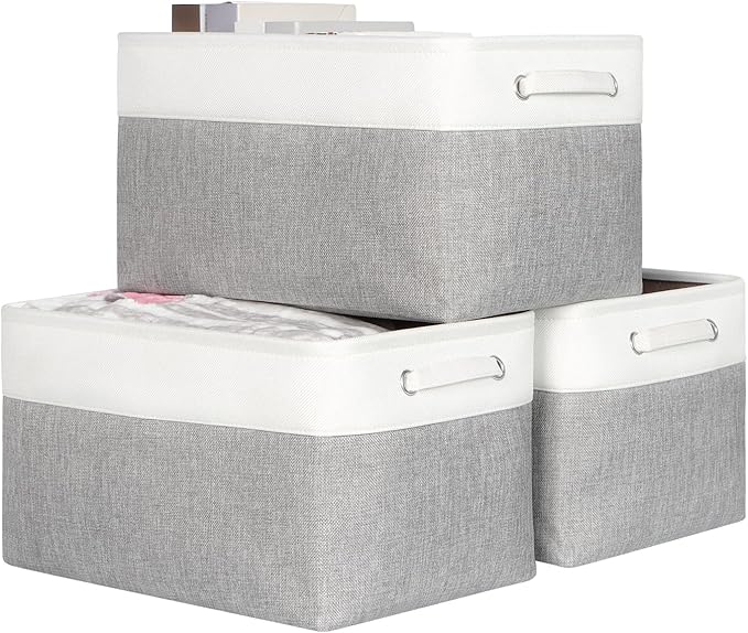 Kntiwiwo Large Fabric Foldable Storage Bin 17" x 11.8" x 9.8" Storage Baskets with Handle Large Cube Storage boxes for Closet, Shelves, Home, Set of 3, Grey
