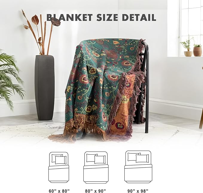 MSGKV Boho Throw Blanket for Couch and Sofa Cotton Blankets for Living Room Bedroom Reversable Florals Throw 60"x80" Breathable Cozy Blankets