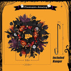 24" Glitter Halloween Wreath Outdoor - Sparkly Balls, Skulls, Bat, Skeleton, Pumpkin on Black Twig | Front Door Outside Goth Decor for Spooky Night