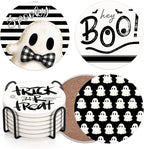 Coaster for Drinks Set of 6, Halloween Hey Boo Cute Ghost Spooky Black White Absorbent Round Ceramic Stone Mat, with Cork Base and Metal Holder, Gift for Housewarming Room Bar Decor