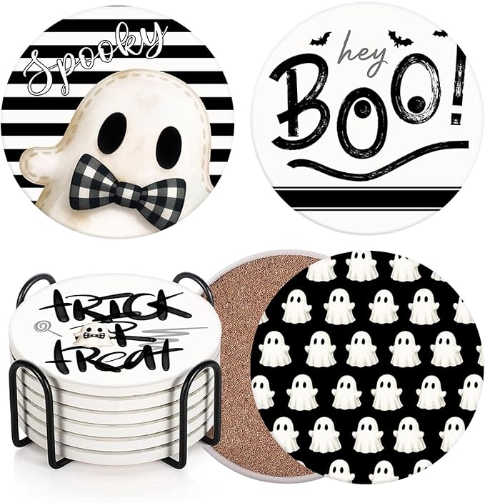 Coaster for Drinks Set of 6, Halloween Hey Boo Cute Ghost Spooky Black White Absorbent Round Ceramic Stone Mat, with Cork Base and Metal Holder, Gift for Housewarming Room Bar Decor