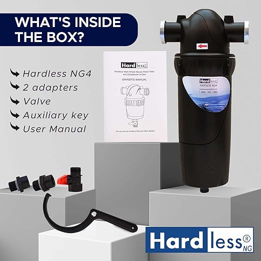Hardless NG4L Whole House Water Filter - Salt-Free Softening Device - Reduces Limescale, Sediment & More - Compact, Easy to Install - Comes w/ 1" Inlet/Outlet - Filtration System for Extra Hard Water