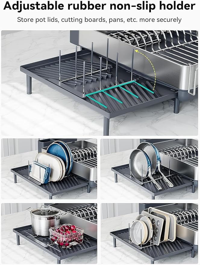 SUNLY Large Dish Drying Rack, Expandable Dish Racks for Kitchen Counter, Space Saving 304 Stainless Steel Drying Rack Kitchen, Extra Large Drainer with Multifunctional Flip Up Pegs, Gray