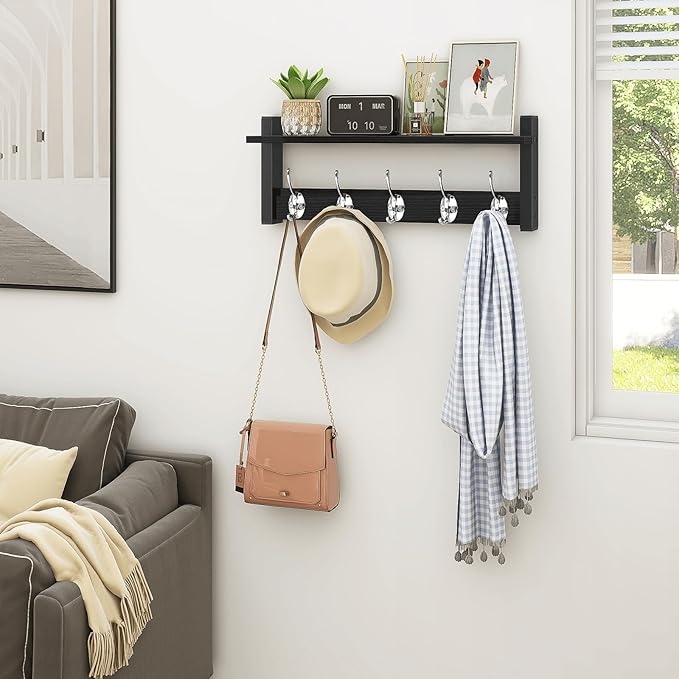 Homode Wall Coat Rack With Shelf, Wood Entryway Hanger With Hooks, Small Floating Pegs for Hanging Coats, Hats, Purses, Backpacks, Black