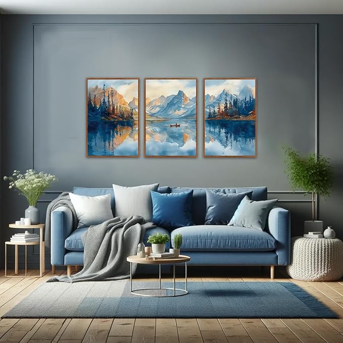 KAIRNE Framed Large Landscape Wall Art,Abstract Forest Prints Paintings,Watercolor Blue Mountain Lake Canvas,Nature Scenery Textured Artwork for Living Room Bedroom Home Office Gallery Decor,16”X24”