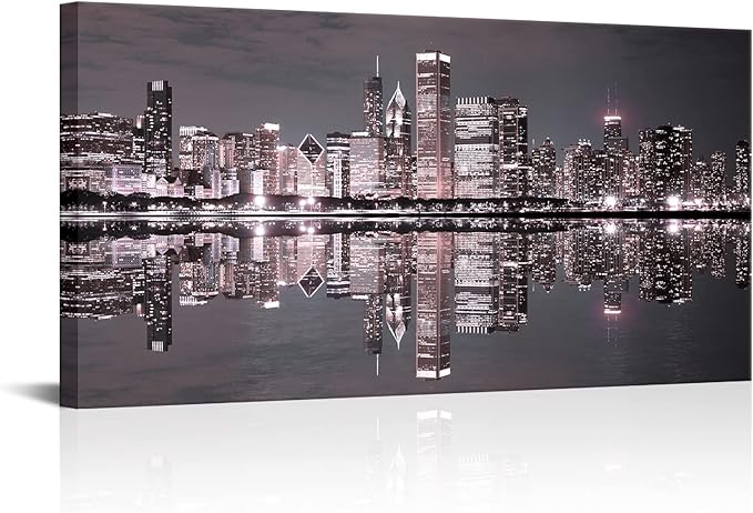 Conipit Chicago Wall Art Chicago Skyline Artwork City Night Downtown Picture Cityscape Painting Framed for Bedroom Home Office Decor 24"x48"